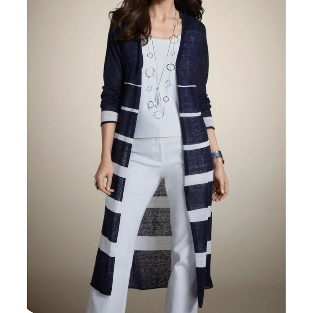 Chico's Navy Blue White Striped Linen Blend Long Duster Cardigan Sweater Sz 3/XL